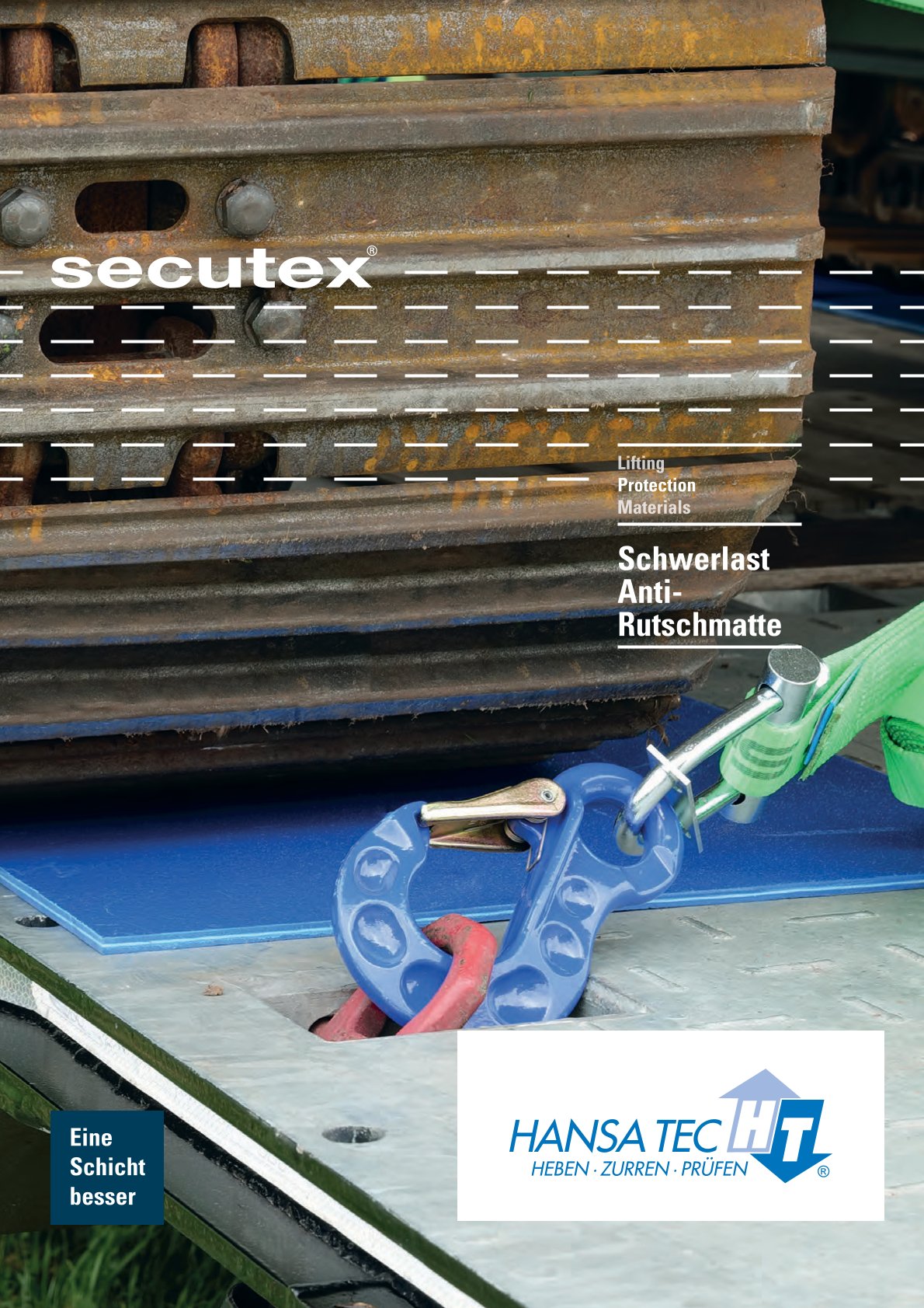Blaue Schwerlast Anti Rutschmatte mit Haken und rostiger Stahllast darauf